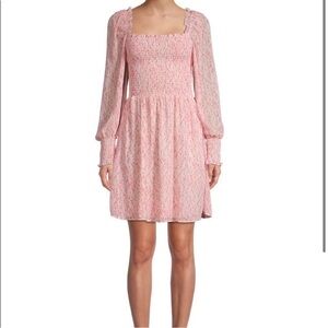 Allison New York Printed Smocked Mini Dress Long Sleeves Square Neck Pink Medium